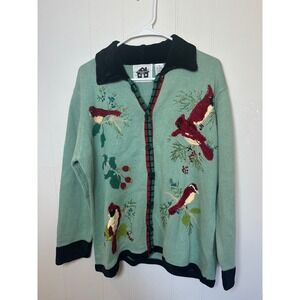 Storybook Knits Women's 1X Cardigan Sweater Birds of Winter Black Velvet Collar